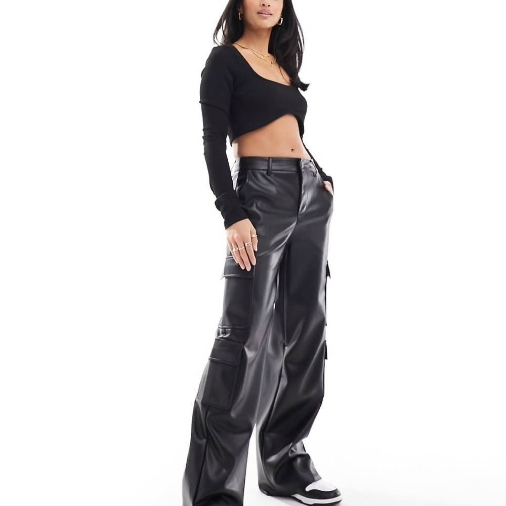 Stradivarius Petite faux leather cargo pants in black
